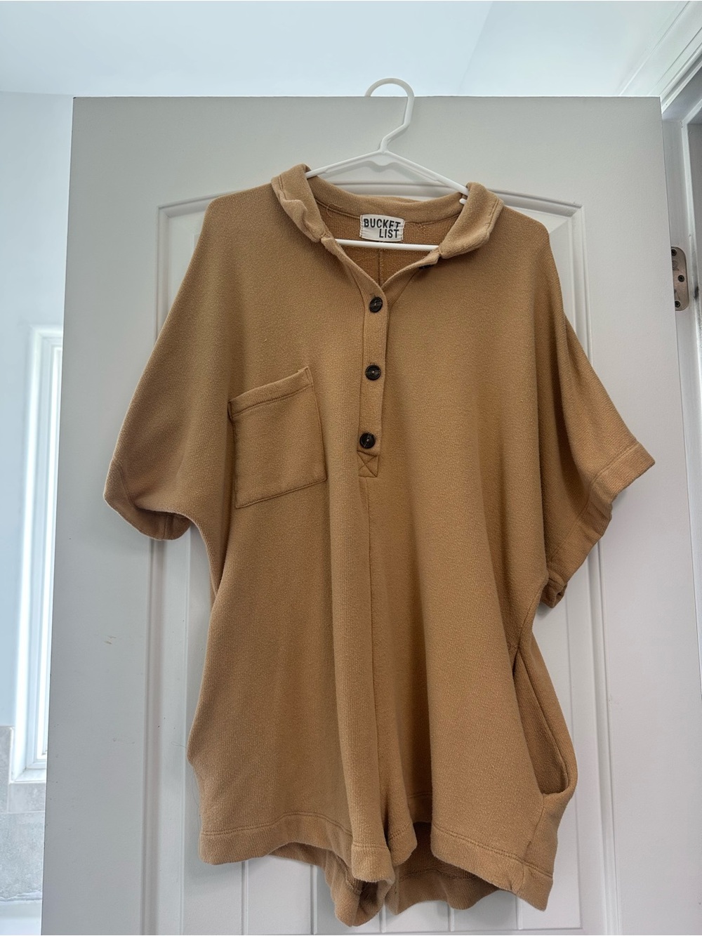 BUCKETLIST Tan Short-Sleeve Hooded Romper with Front Buttons